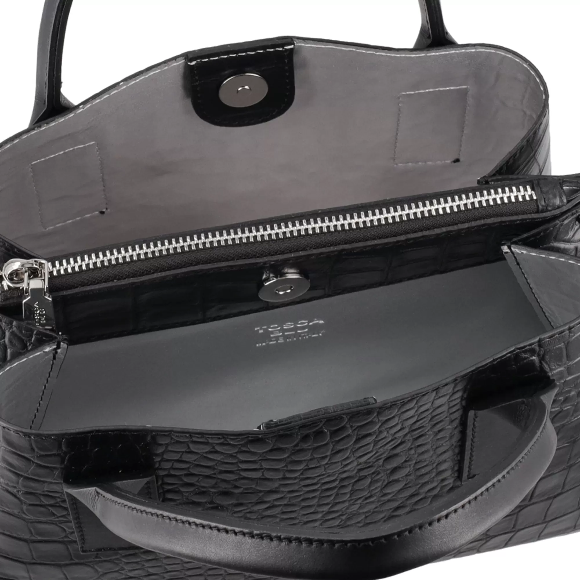 Borse A Mano*Tosca Blu Borsa Media "Bigne" In 100% Pelle Nera Con Stampa Coccodrillo Nero