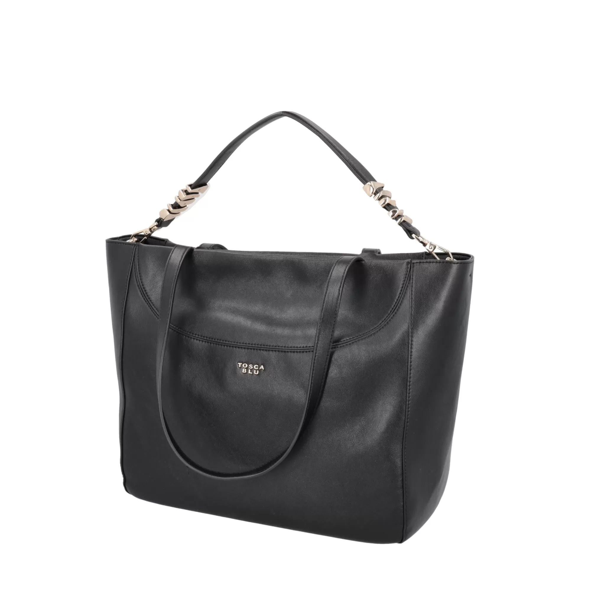 Shopping Bag*Tosca Blu Borsa Shopping "Crepes" Nera In 100% Pelle Nero