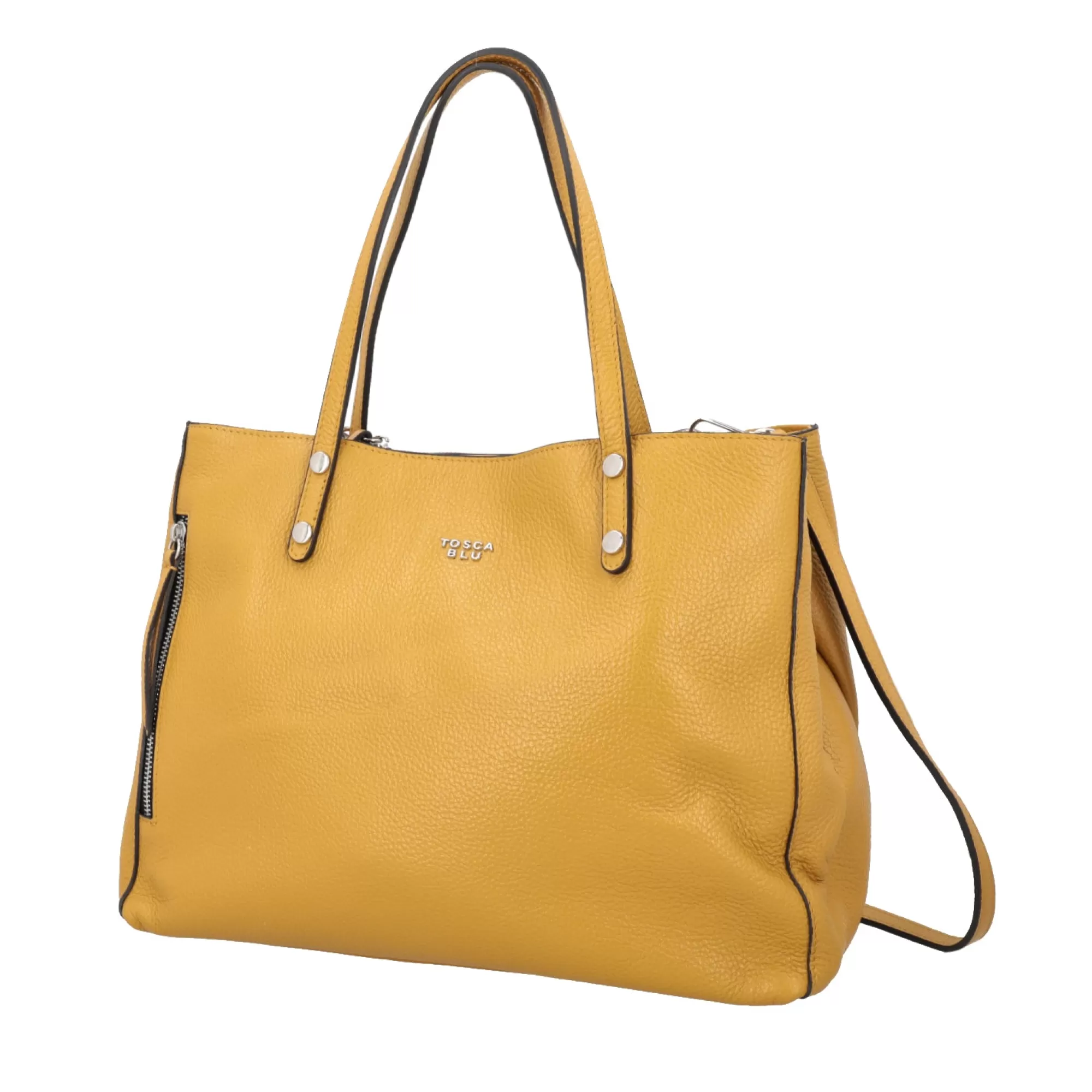 Shopping Bag*Tosca Blu Borsa Shopping "Zuppa Inglese" Ocra In 100% Pelle Bottalata Giallo