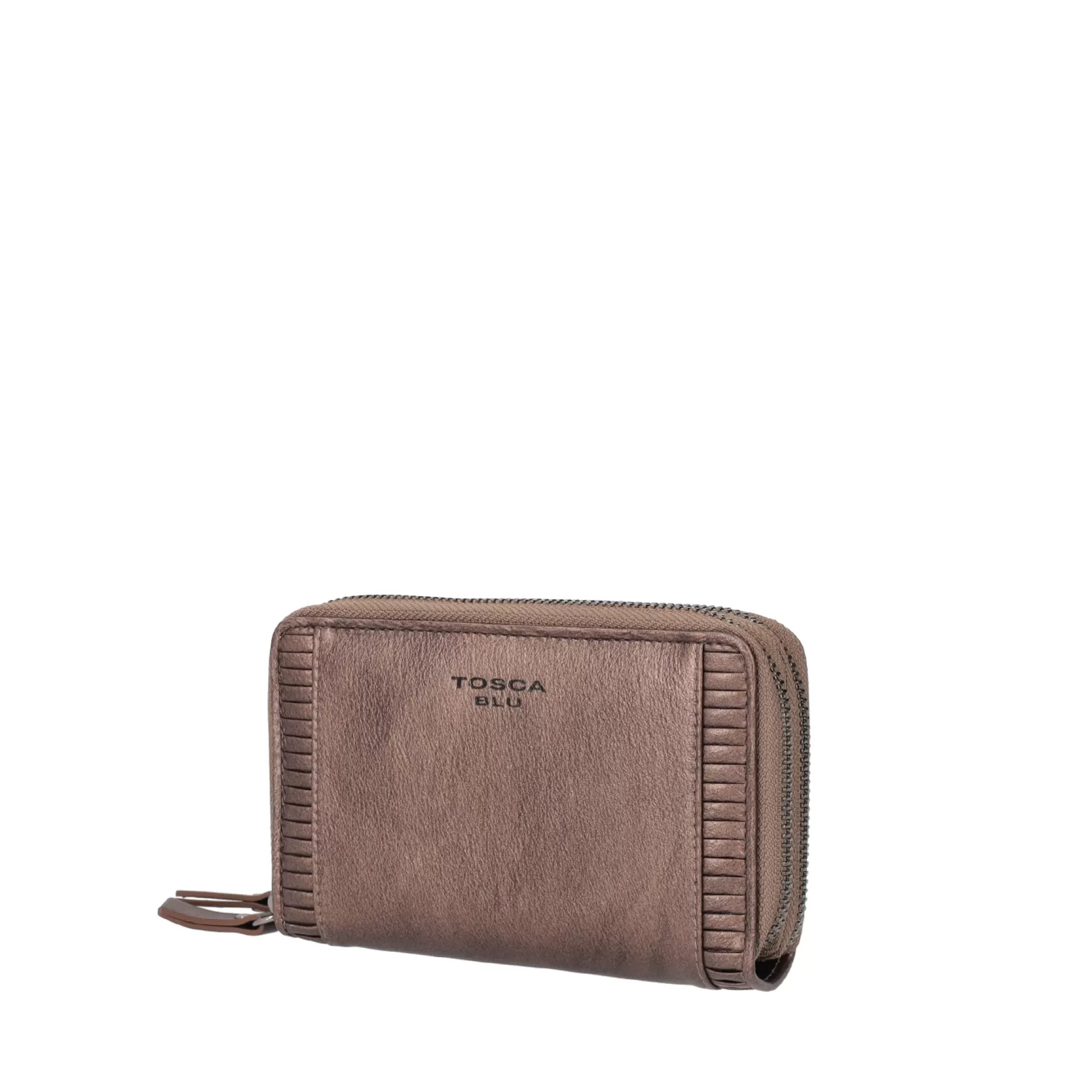 Portafogli E Portachiavi*Tosca Blu Portafoglio Medio In Vera Pelle "Plisse Wallets" Con Doppia Zip Marrone