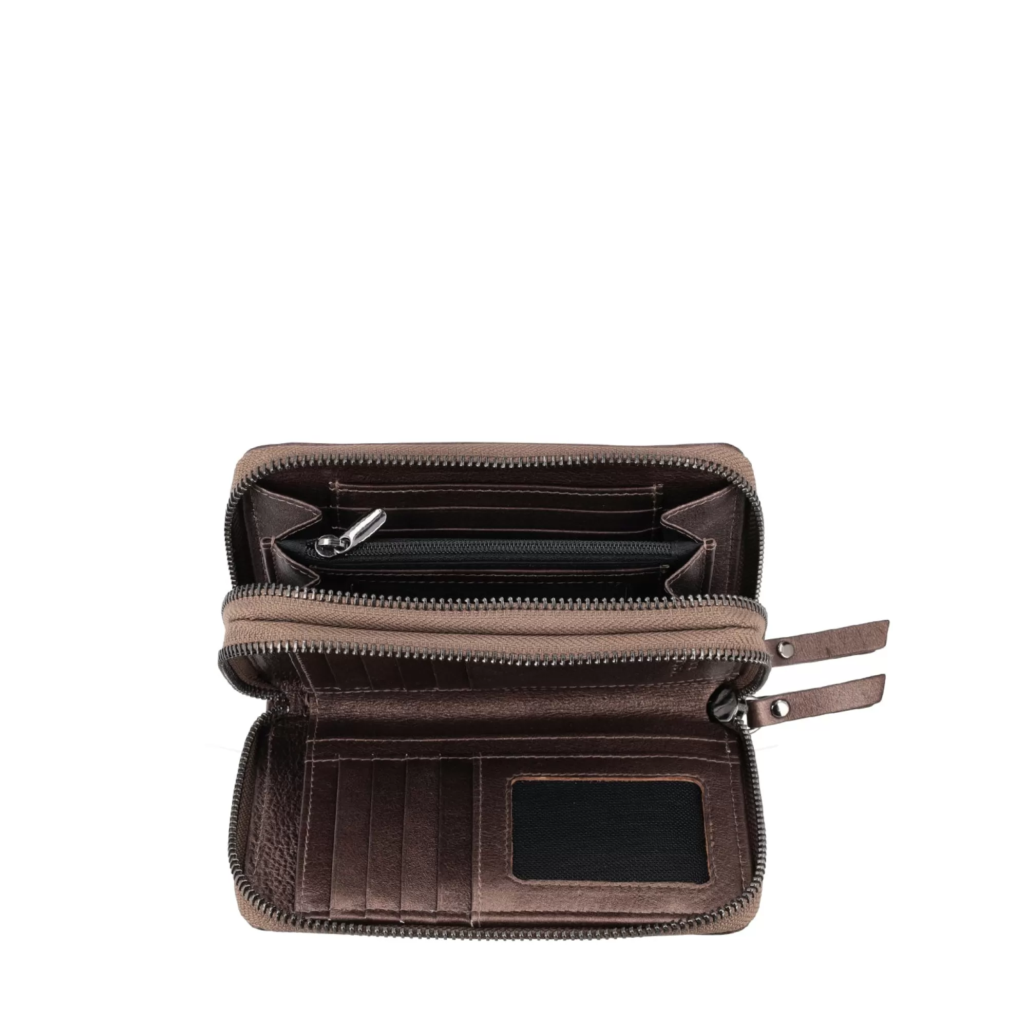 Portafogli E Portachiavi*Tosca Blu Portafoglio Medio In Vera Pelle "Plisse Wallets" Con Doppia Zip Marrone