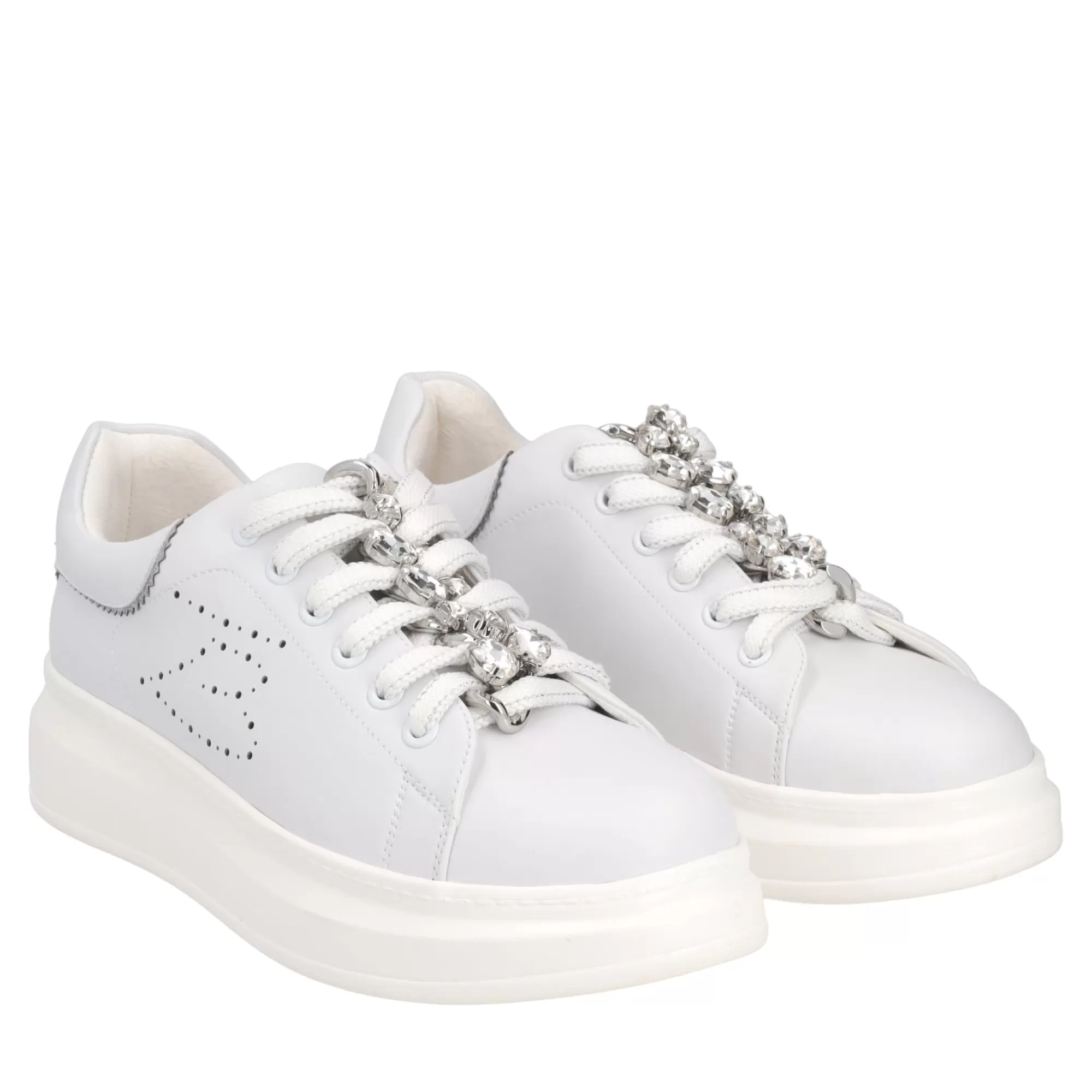 Sneakers*Tosca Blu Sneaker "Blues" Bianca E In 100% Pelle Con Catena Gioiello Argento
