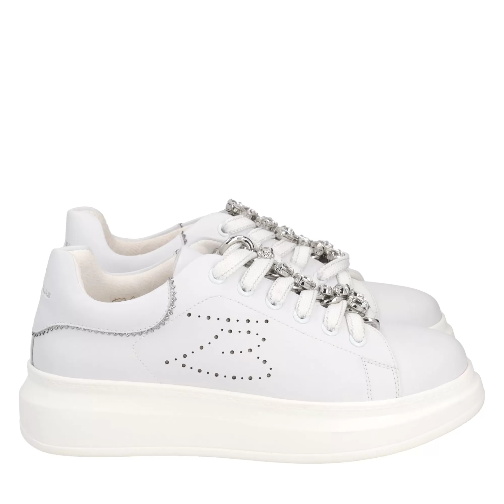 Sneakers*Tosca Blu Sneaker "Blues" Bianca E In 100% Pelle Con Catena Gioiello Argento