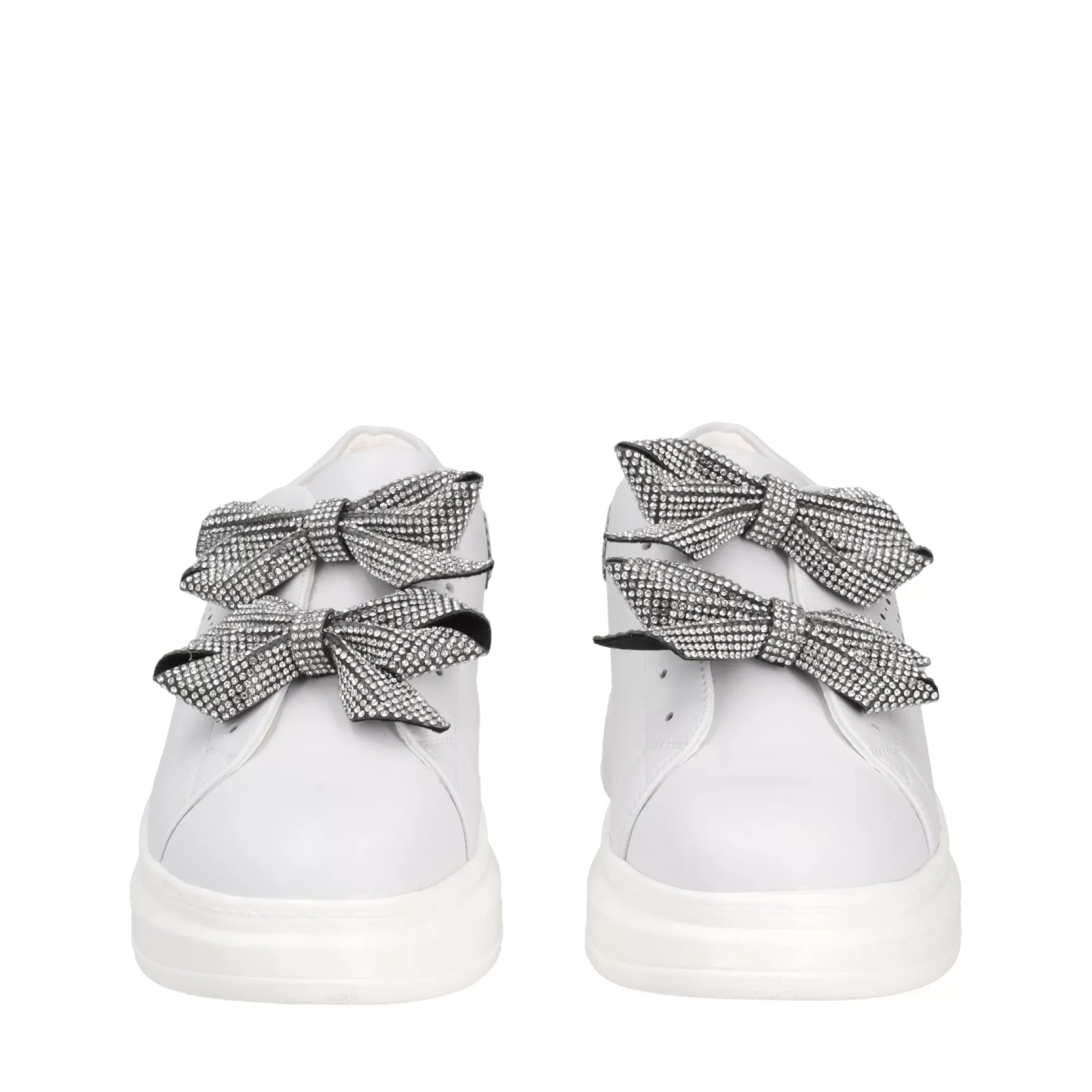 Sneakers*Tosca Blu Sneaker "Blues" Bianca E In 100% Pelle Con Doppio Fiocco Argento