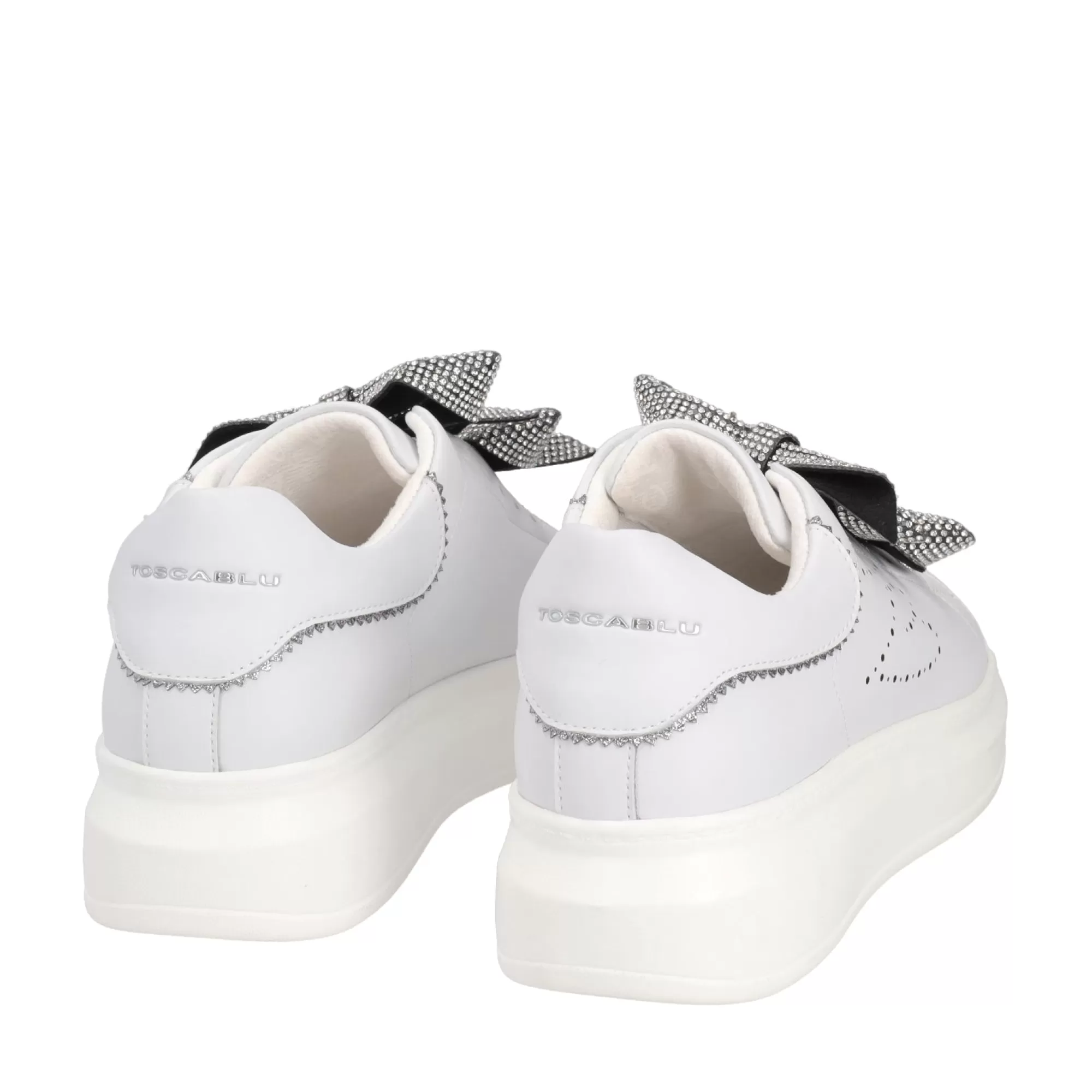 Sneakers*Tosca Blu Sneaker "Blues" Bianca E In 100% Pelle Con Doppio Fiocco Argento