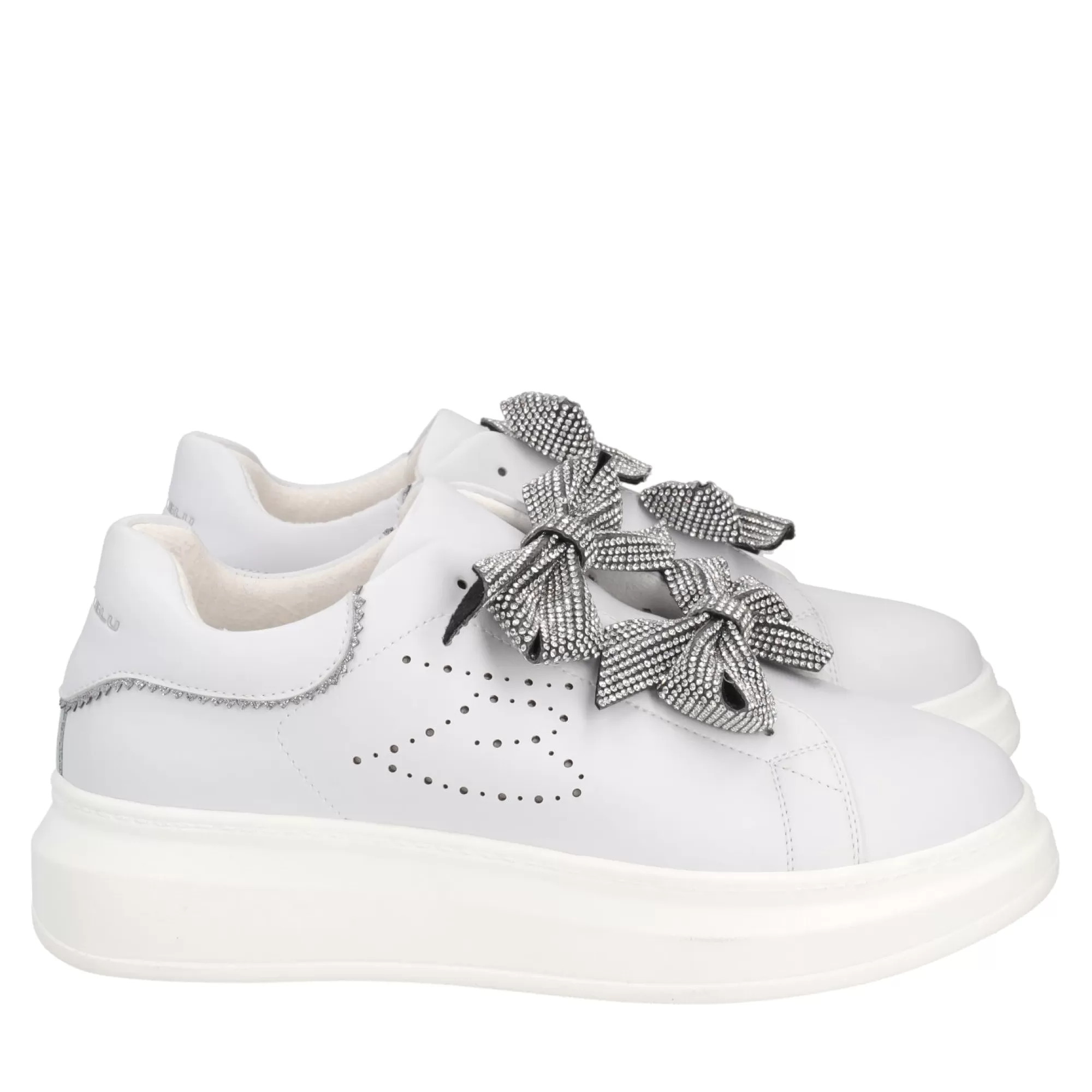 Sneakers*Tosca Blu Sneaker "Blues" Bianca E In 100% Pelle Con Doppio Fiocco Argento