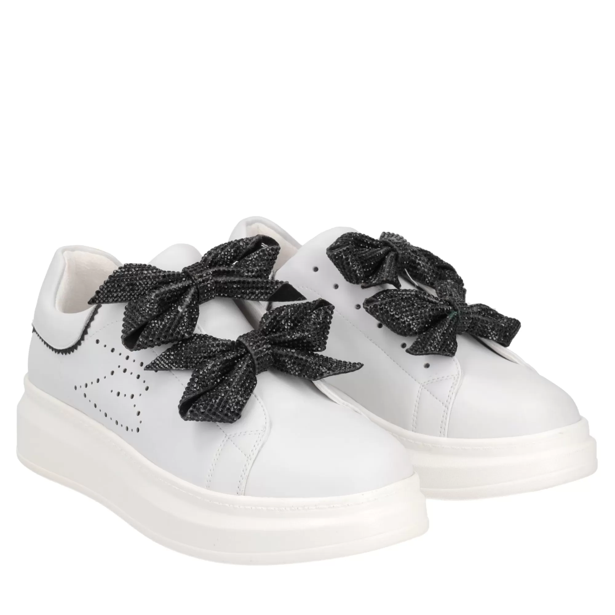 Sneakers*Tosca Blu Sneaker "Blues" Bianca E Nera In 100% Pelle Con Doppio Fiocco Bianco