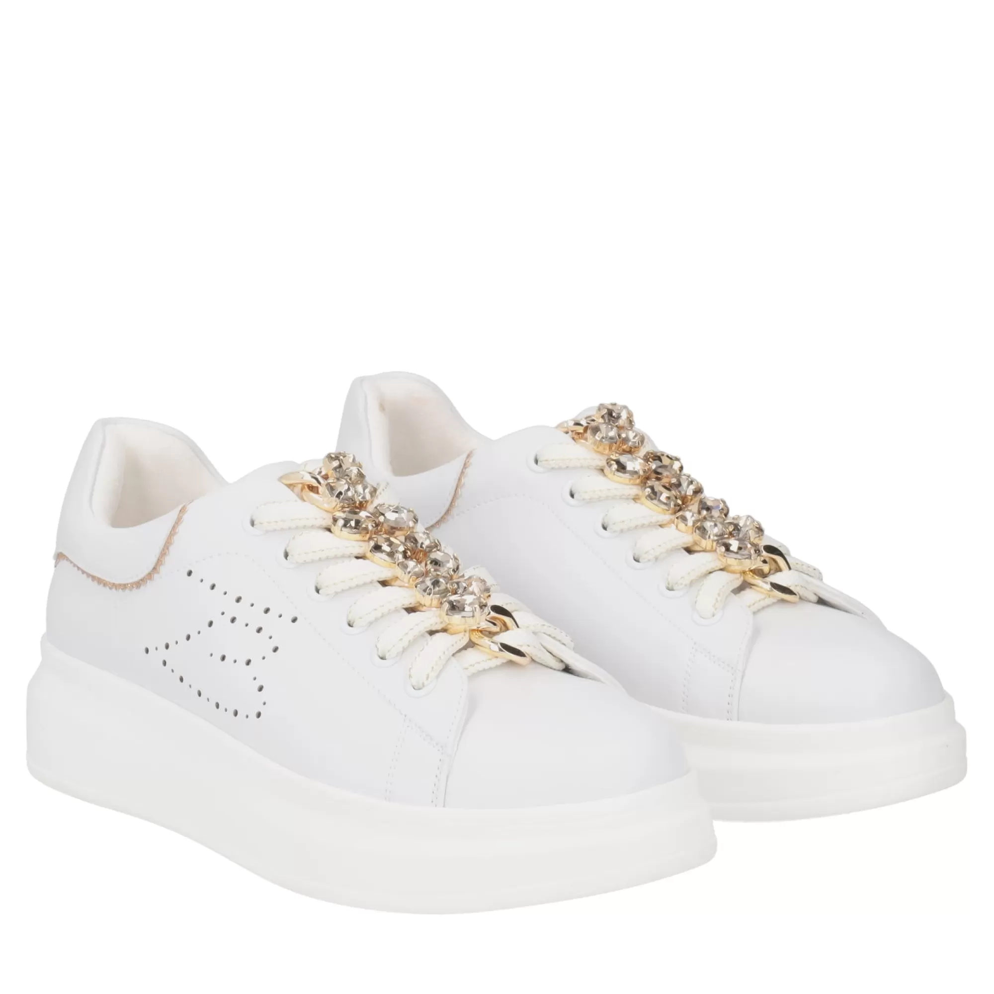 Sneakers*Tosca Blu Sneaker "Blues" Bianca E Oro In 100% Pelle Con Catena Gioiello Bianco