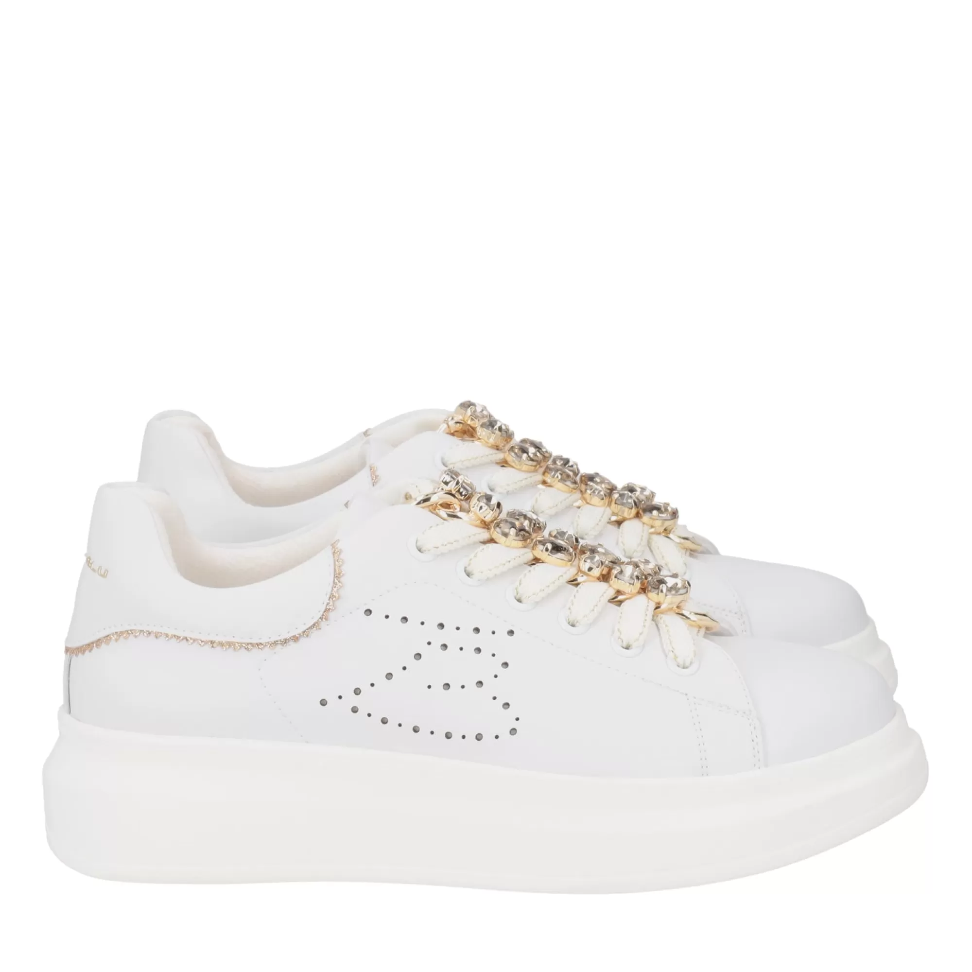 Sneakers*Tosca Blu Sneaker "Blues" Bianca E Oro In 100% Pelle Con Catena Gioiello Bianco