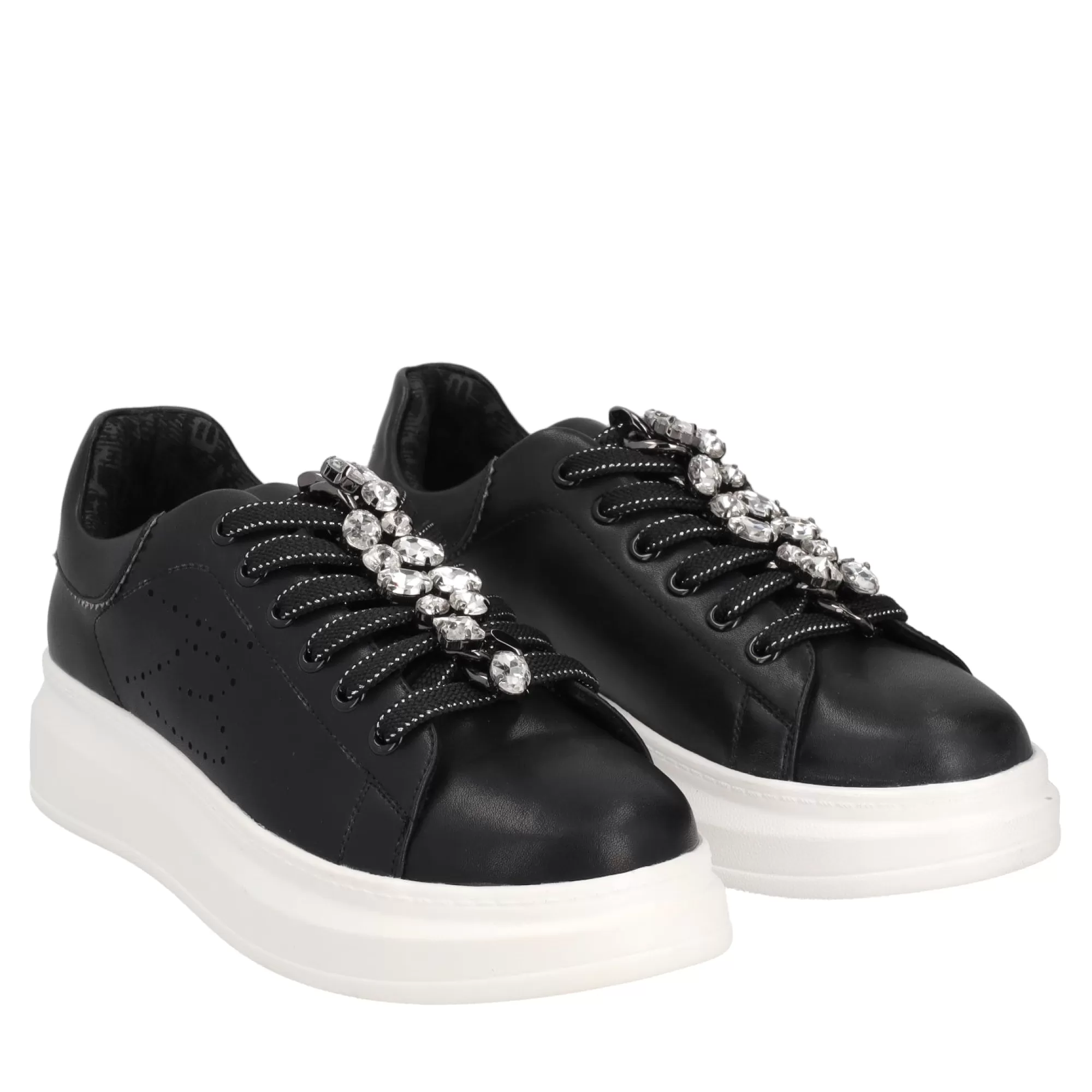 Sneakers*Tosca Blu Sneaker "Blues" Nera E Argento In 100% Pelle Con Catena Gioiello Nero